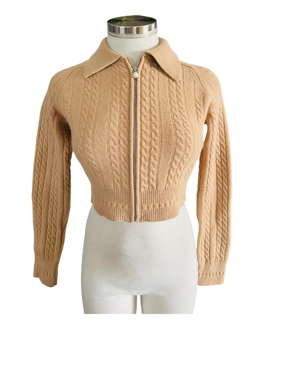 Sandro Tan  Wool Cable Knit Zipper Crop
Cardigan Size 0 NWOT - Picture 5 of 15